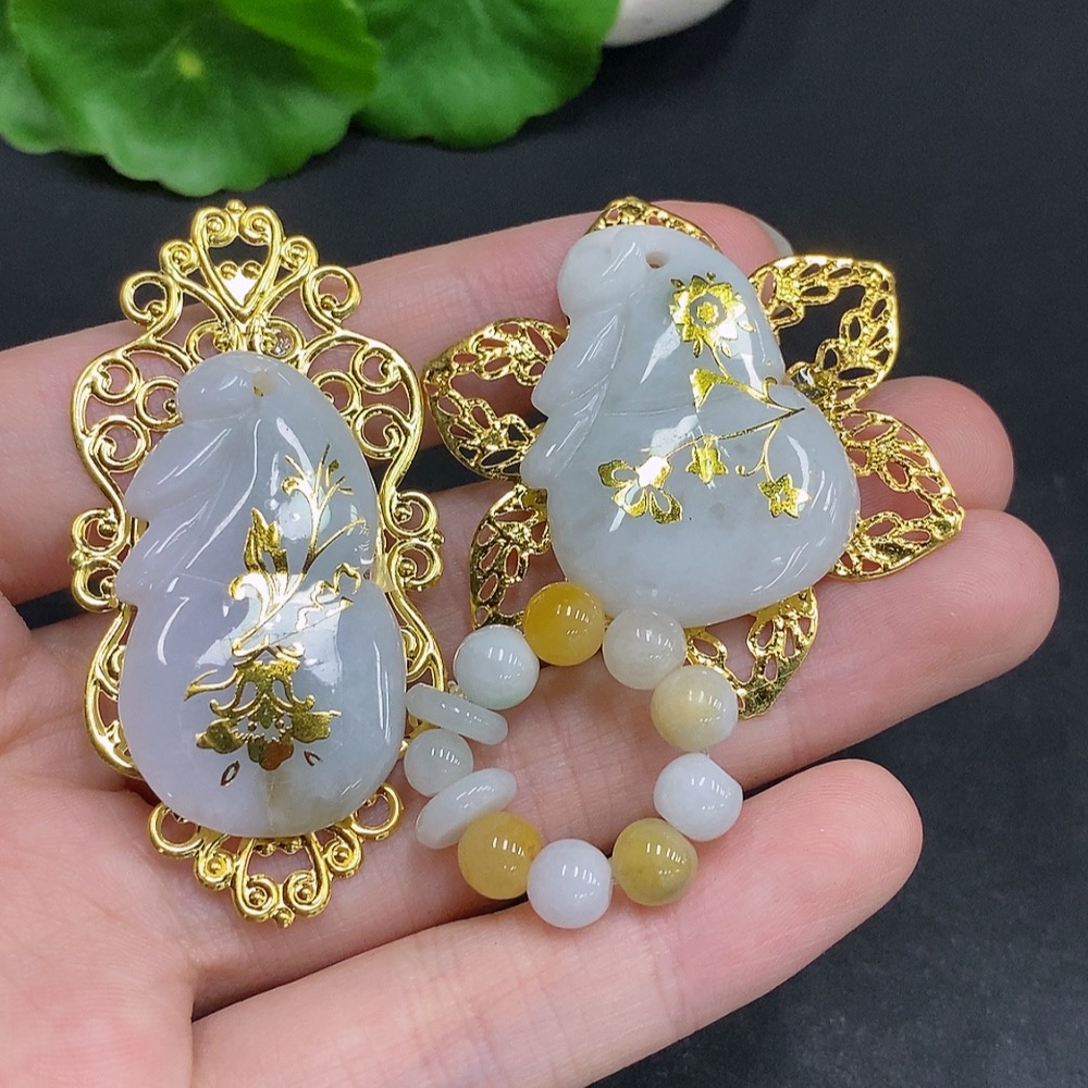 F33941909 Jadeite Pendant + Single Bead Ring Sell as a Lot Non-Gold Setting Adjustable Size Yellow Bead Non-Jadeite