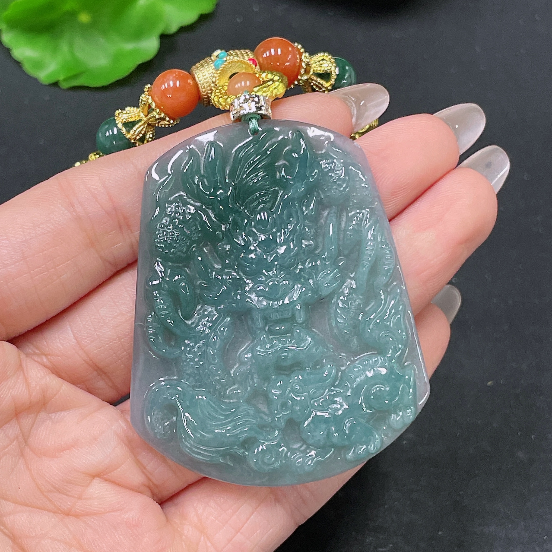 F35105382 Jadeite Pendant Dragon Plaque Non-Gold Beads Non-Grade A With Cord Total Weight Approx. 55.31g