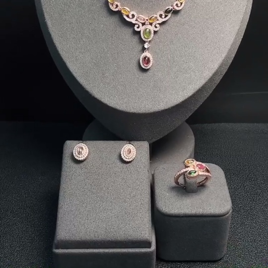 C34009057 Tourmaline Necklace + Earrings + Ring Adjustable Non-Gold Visible Organic Total Weight Approx. 14.17g Sell as a Lot