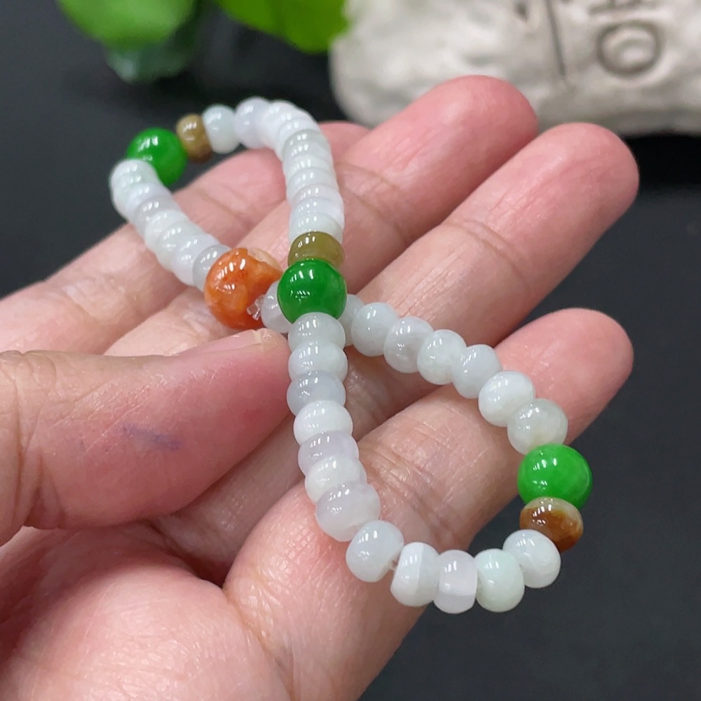 F34978904 Jadeite bracelet total weight approx. 12.35g non-A green beads undetermined color origin of yellow parts