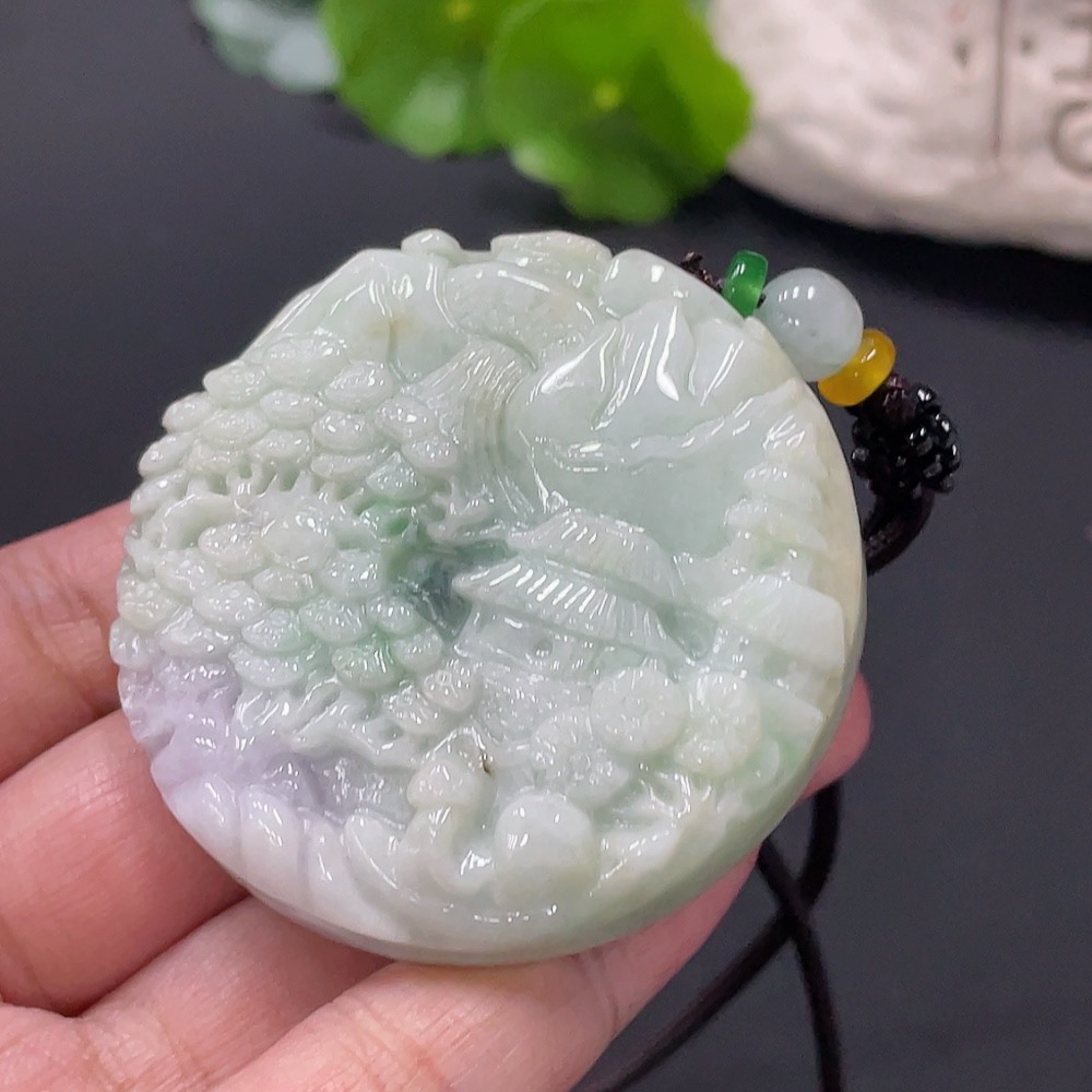 F25917702 Jadeite Pendant Landscape Plaque Total Weight Approx. 70.25g With Non-Grade A Beads