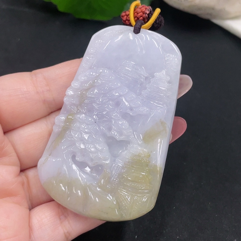 F34013379 Jadeite Landscape Pendant with a total weight of approximately 69.3 grams (including rope weight)