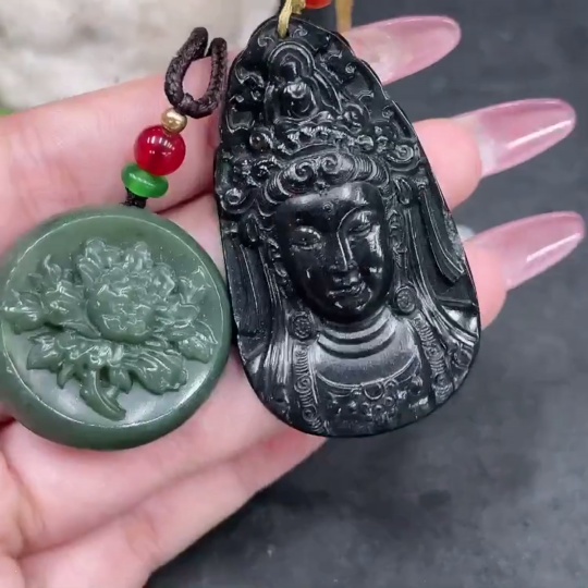 H33945017 Hetian Jade Pendant - Guanyin + Flowering Prosperity