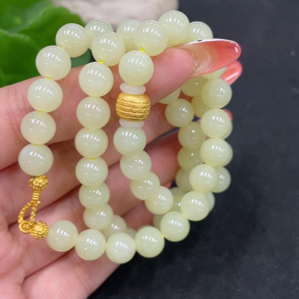H34053448 Hetian Jade Bead Necklace, approx. 7.8mm, non-gold inlaid, total weight approx. 42.6g