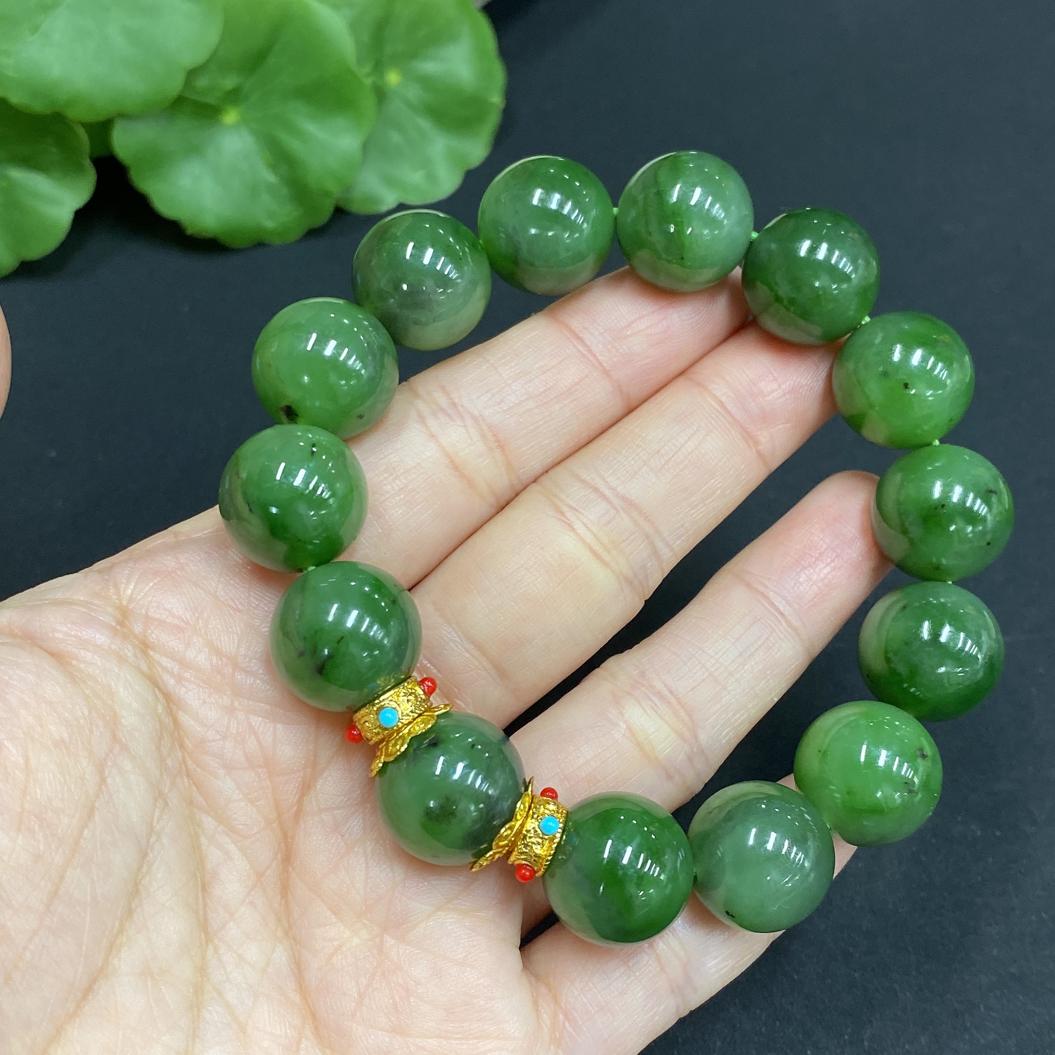 H34014627 Hetian Jade Green Jade Bracelet Approx. 14mm Non-Gold-Inlaid Total Weight About 63g
