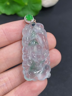 F43164935 翡翠花开富贵挂件 无印记测金含量18k金扣头 货品总重量约9.4克 配镶钻石