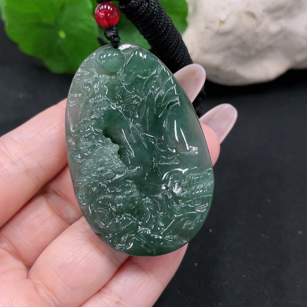 F34069181 Jadeite Landscape Pendant Total Weight Approx. 28.3g (Including Rope Weight)