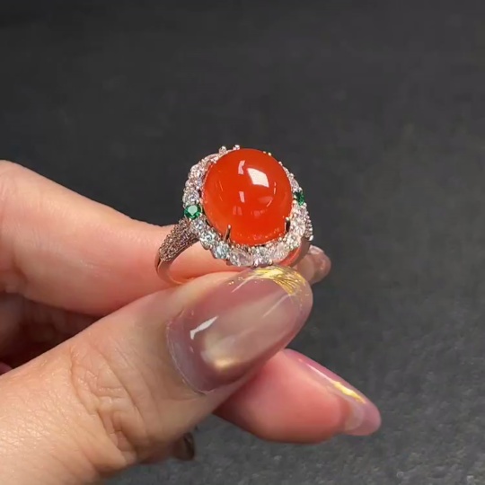 C28222809 Red Agate Inlaid Ring (Non-Gold Setting, Adjustable, Total Weight Approx. 5.02g)
