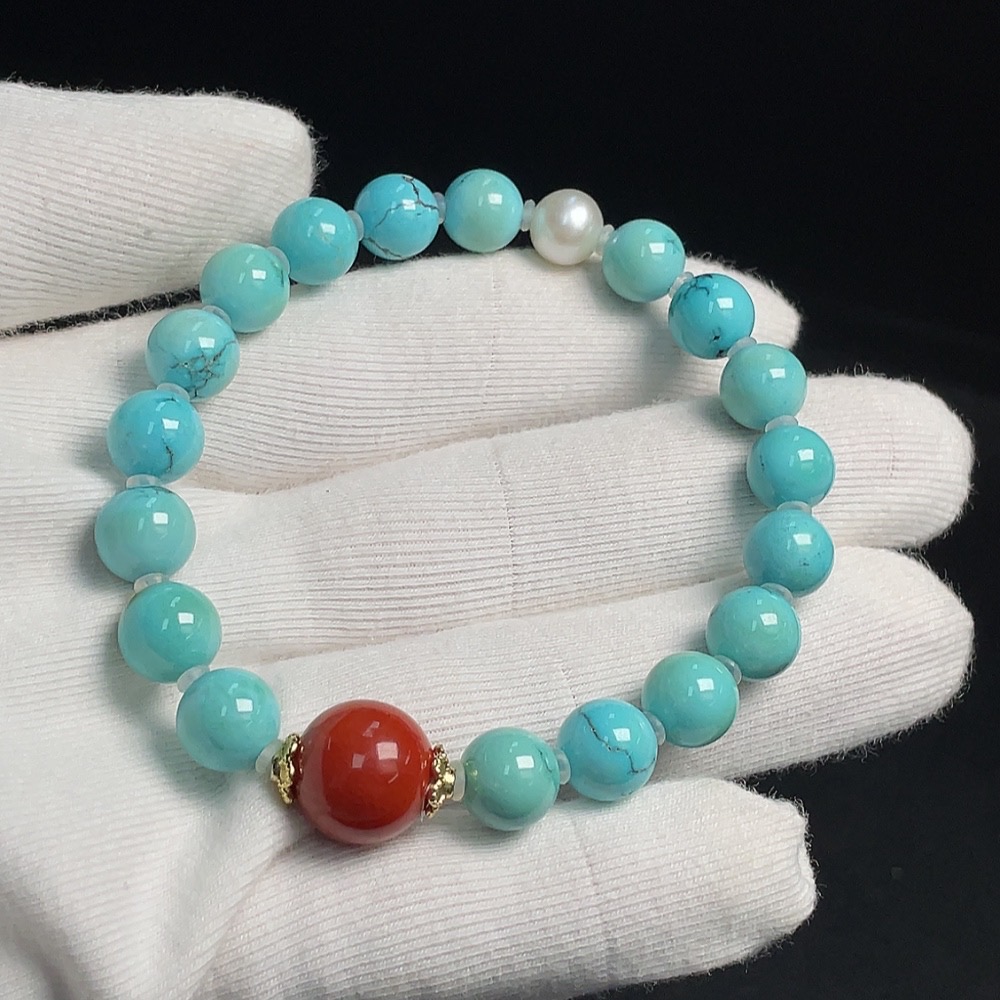 C30445179 Turquoise Bracelet Non-Gold Inlaid Approx.8.7mm Total Weight About 18.57g With Pearls Stones Considered Non-Natural