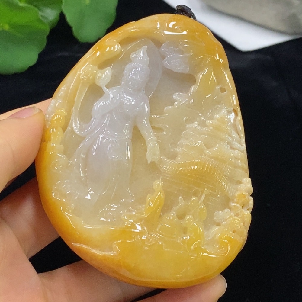 F34948768 Jadeite Landscape Pendant Total Weight Approximately 222.88g (Including Chain Weight) Yellow Part Color Origin Undetermined With Non-Type A Beads