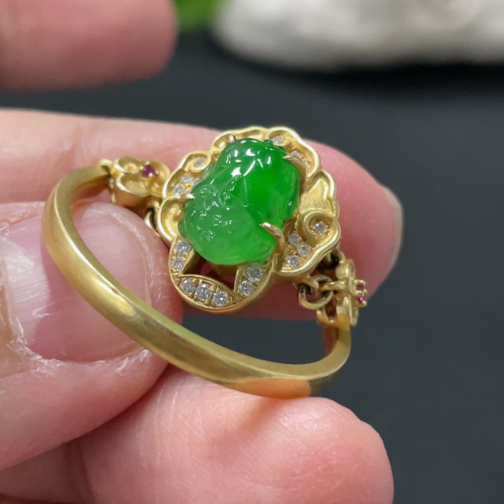 F34978086 Jadeite Pixiu Inlaid Ring 18k Gold Inlaid Size 25.5 Total Weight Approx. 6.76g With Diamond (Colorless)
