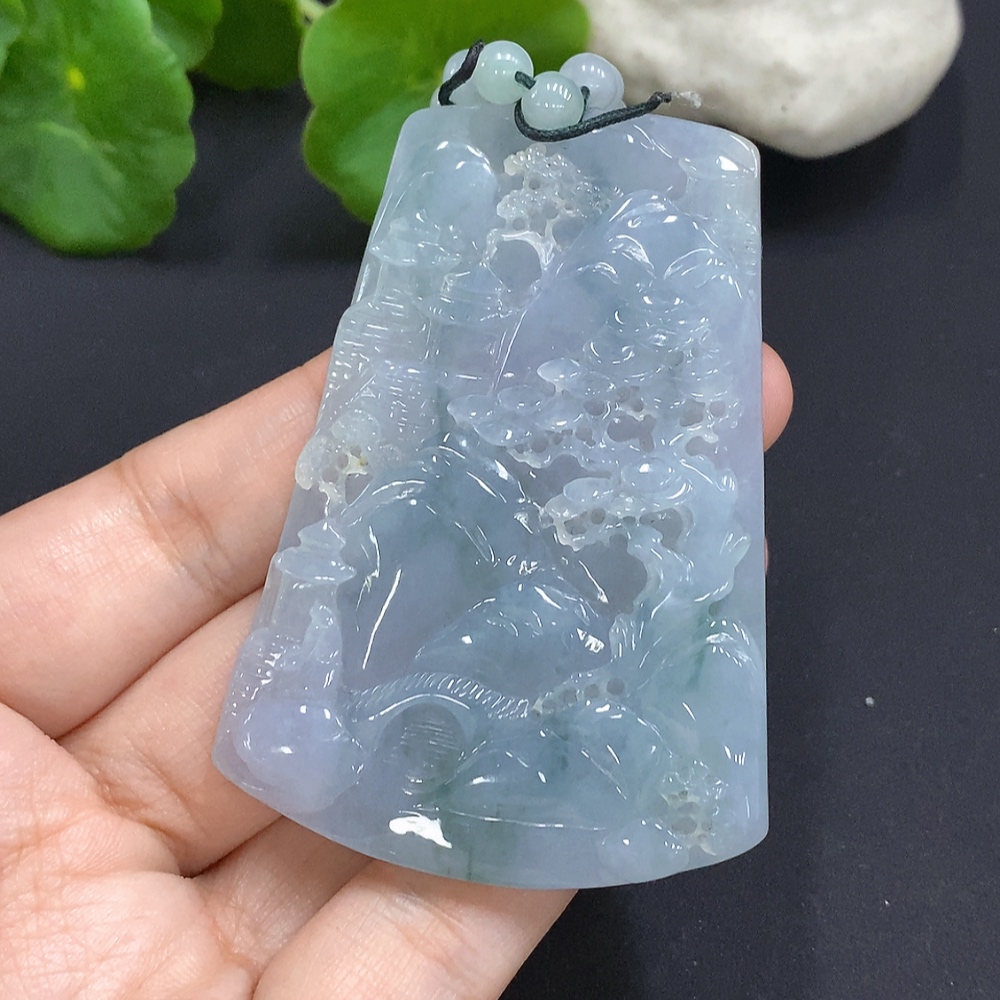 F29410913 Jadeite Landscape Pendant with Chain Total Weight Approx. 84.5g (Color Origin Undetermined)