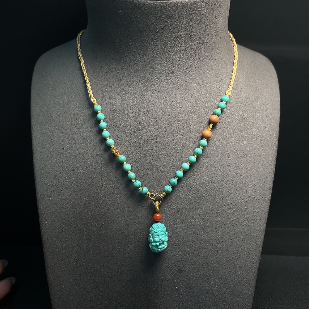 C34008553 Turquoise Pendant with Non-Natural Accent Stones, Total Weight Approx. 7.88g (Incl. Cord), Marked in Red Without Stamp, Surface Gold Content 75%, Rest Non-Gold