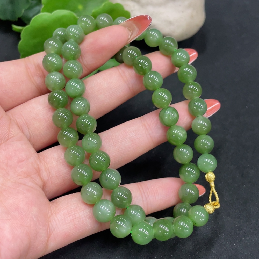H34053449 Hetian Jade Jasper Bead Necklace, approx. 7.7mm, non-gold inlaid, total weight approx. 42.7g