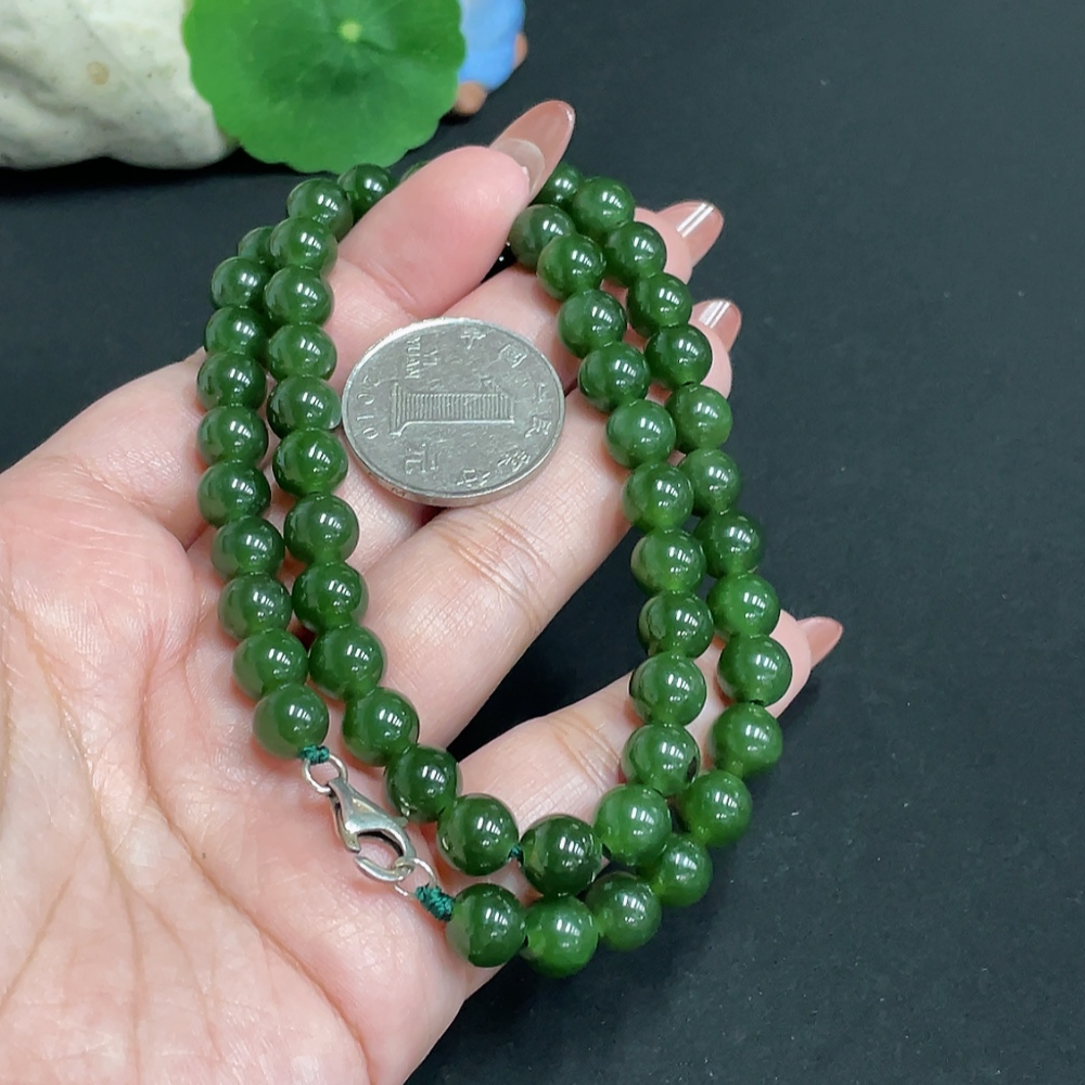H35100280 Hetian Jade Jasper Bead Necklace, Approx. 8mm, Non-Gold Inlaid, Total Weight Approx. 45.9g
