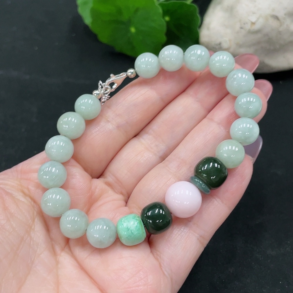 F34012270 Jadeite Bracelet Approx. 8.8mm Total Weight About 25.3g (Non-Gold Inlaid) (Matching Beads Non-A) (With Hetian Jade)