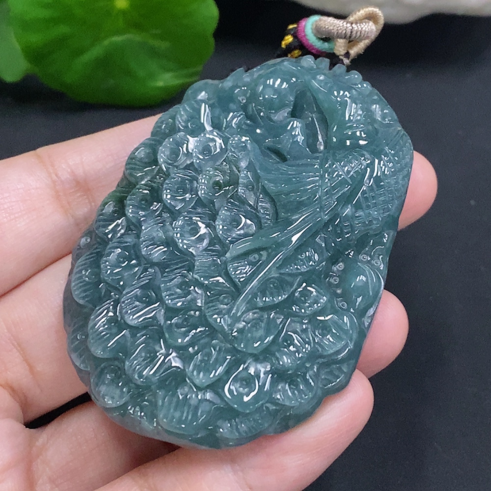 F34023049 Jadeite Peacock Pendant, Total Weight Including Rope Approximately 58.6g