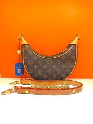 S43097094 路易威登 LV Louis Vuitton 老花豌豆包月亮包 芯片款 涂层帆布拼牛皮 可手提单肩 99新  尺寸:23*13*6cm