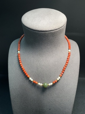 C34993148 Red Agate Bead Necklace with Visible Organic Matter, Total Weight Approx. 14.33g, Size Approx. 4.6mm, Non-Gold, Paired with Pearls and Hetian Jade