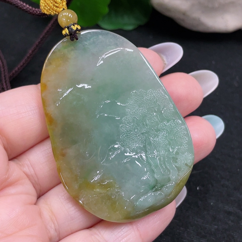 F33873770 Jadeite God of Wealth Pendant Total Weight Approx. 39.1g (Including Cord Weight) (Color Origin Undetermined)