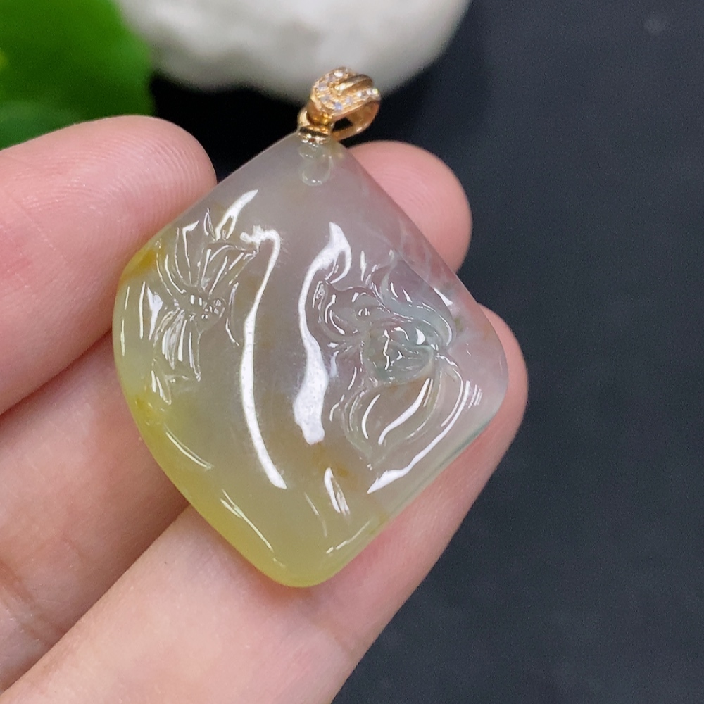 F34022100 Jadeite Flower Blossom and Wealth Pendant with 18K Gold Bail, Total Weight Approx. 6.3g (Yellow Color Origin Undetermined)