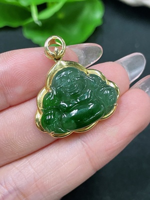 F34021574 Jadeite Buddha Inlaid with 18K Gold, Total Weight Approx. 3.32g