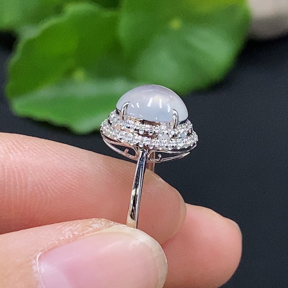 F33833403 Jadeite Cabochon Solitaire Ring 18K Gold Size 9 with Diamond Accent Total Weight Approx. 1.8g