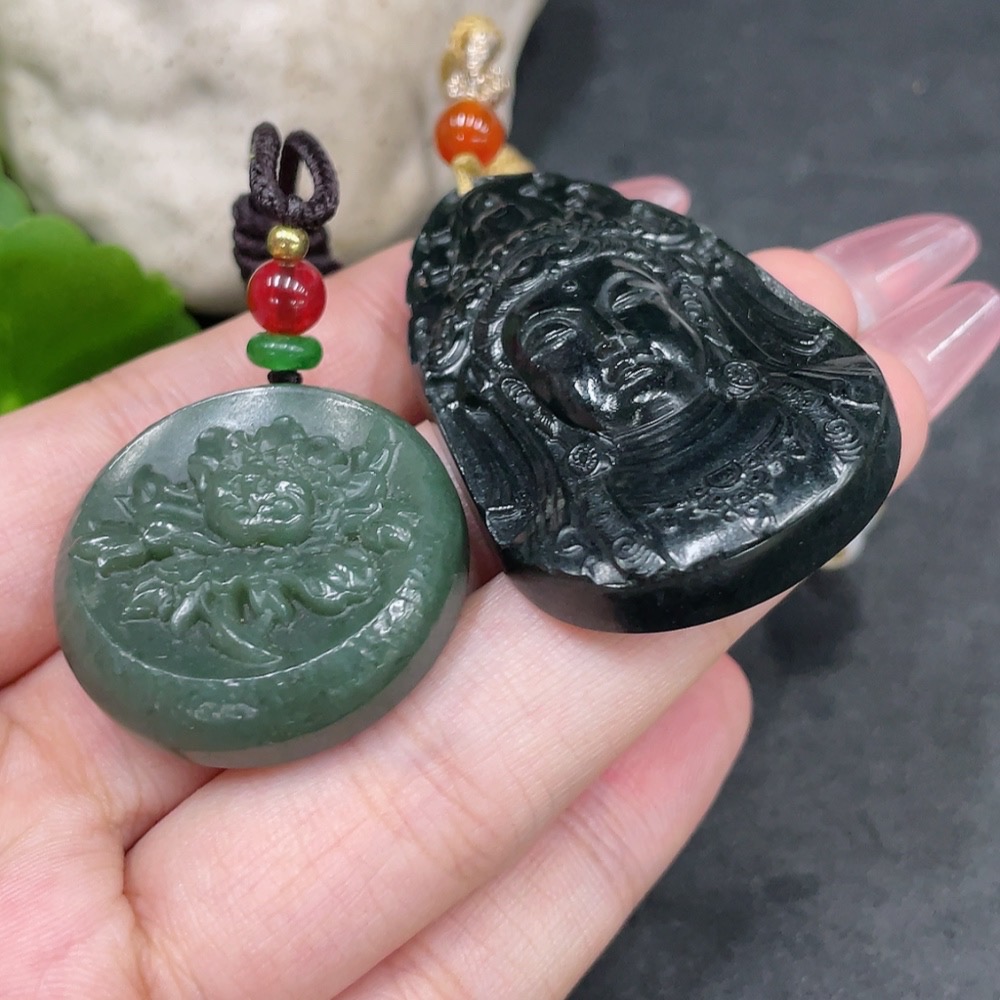 H33945017 Hetian Jade Pendant - Guanyin + Flowering Prosperity