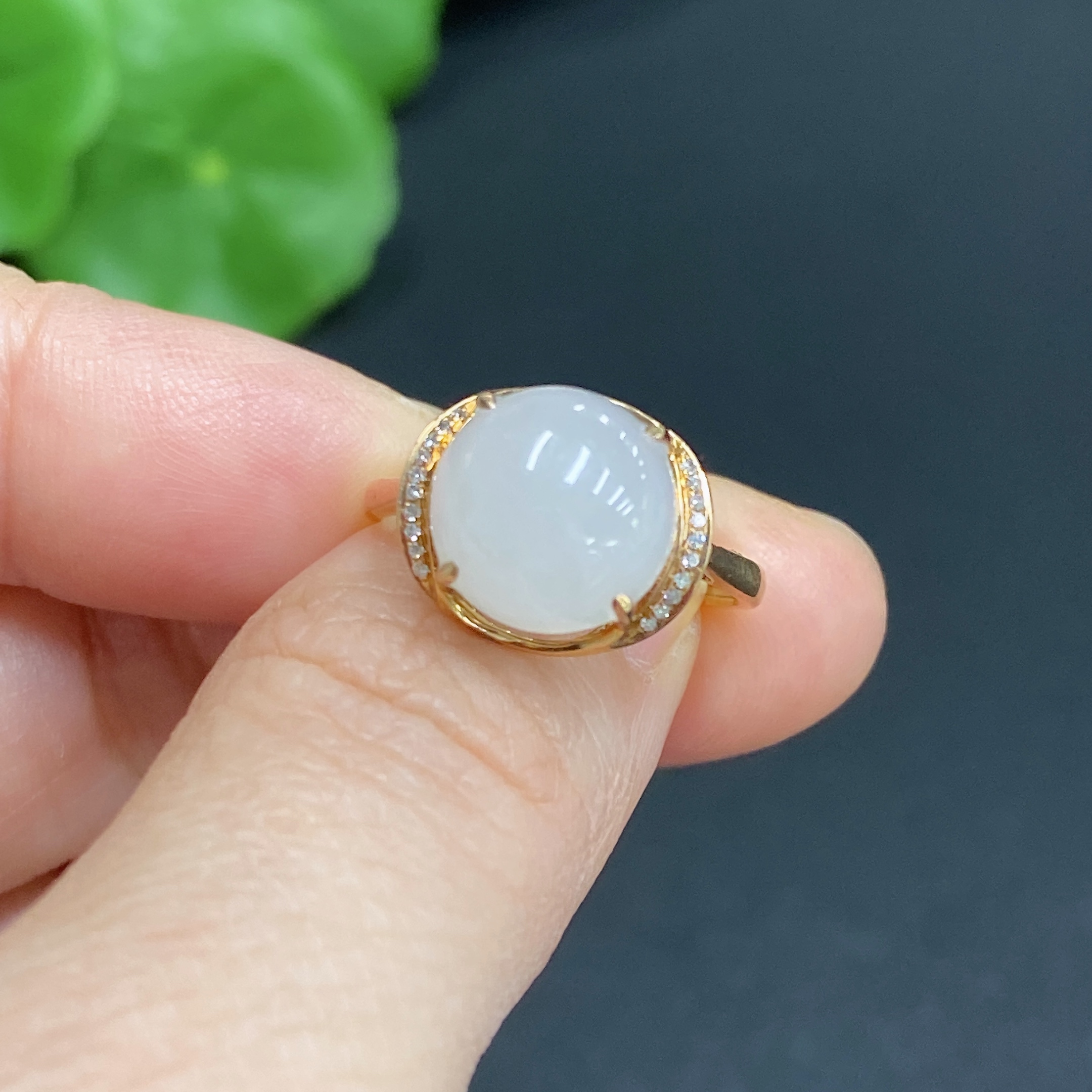 H33859041 Hetian Jade Inlaid Ring 18k Gold Size 13 with Diamond Accents Total Weight Approx. 2.2g