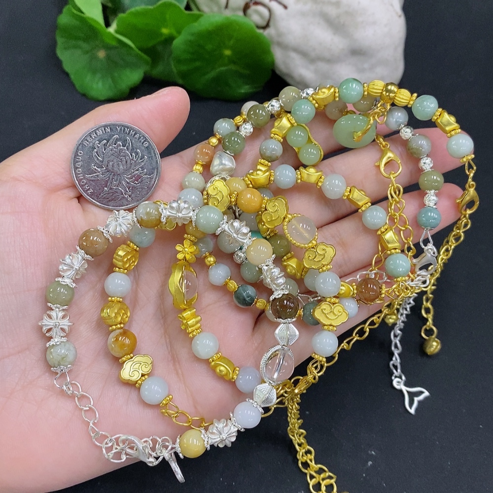 F34001794 Jadeite Bead Necklace Sell as a Lot Non-gold Setting (Yellow Color Origin Undetermined) (Contains Other Mineral Components) (Matching Beads Not Grade A)