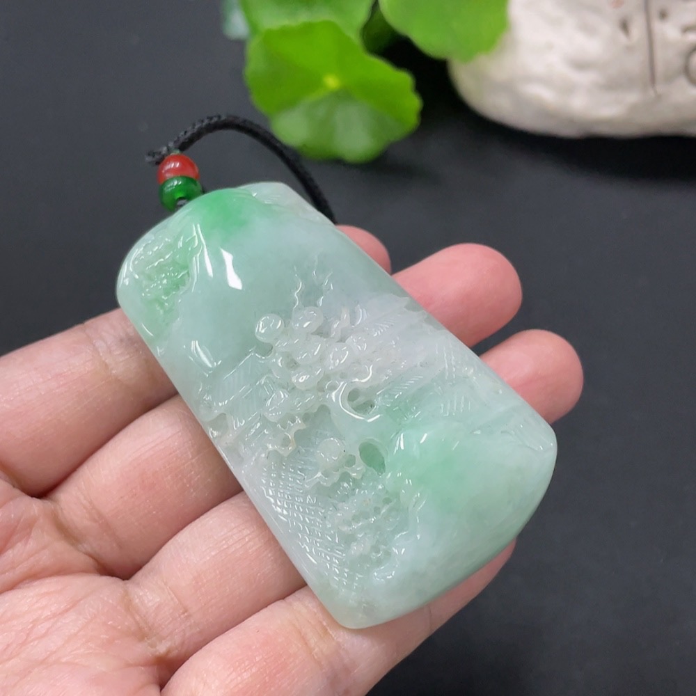 F34977295 Jadeite Pendant Landscape Plaque Total Weight Approx. 65.55g Including Rope, Beads Not Grade A
