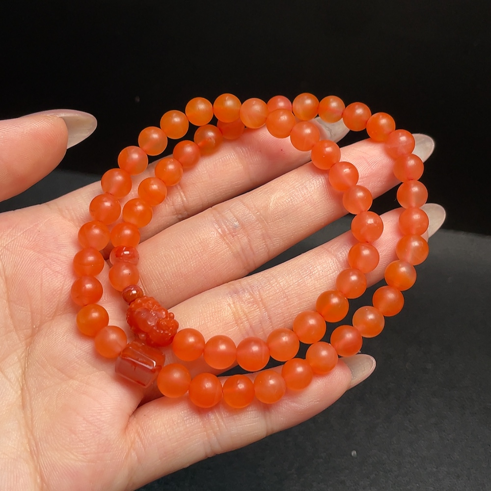 C34041494 Red Agate Beaded Necklace with Visible Organic Matter, Total Weight Approx. 24.87g, Bead Size 6.5mm