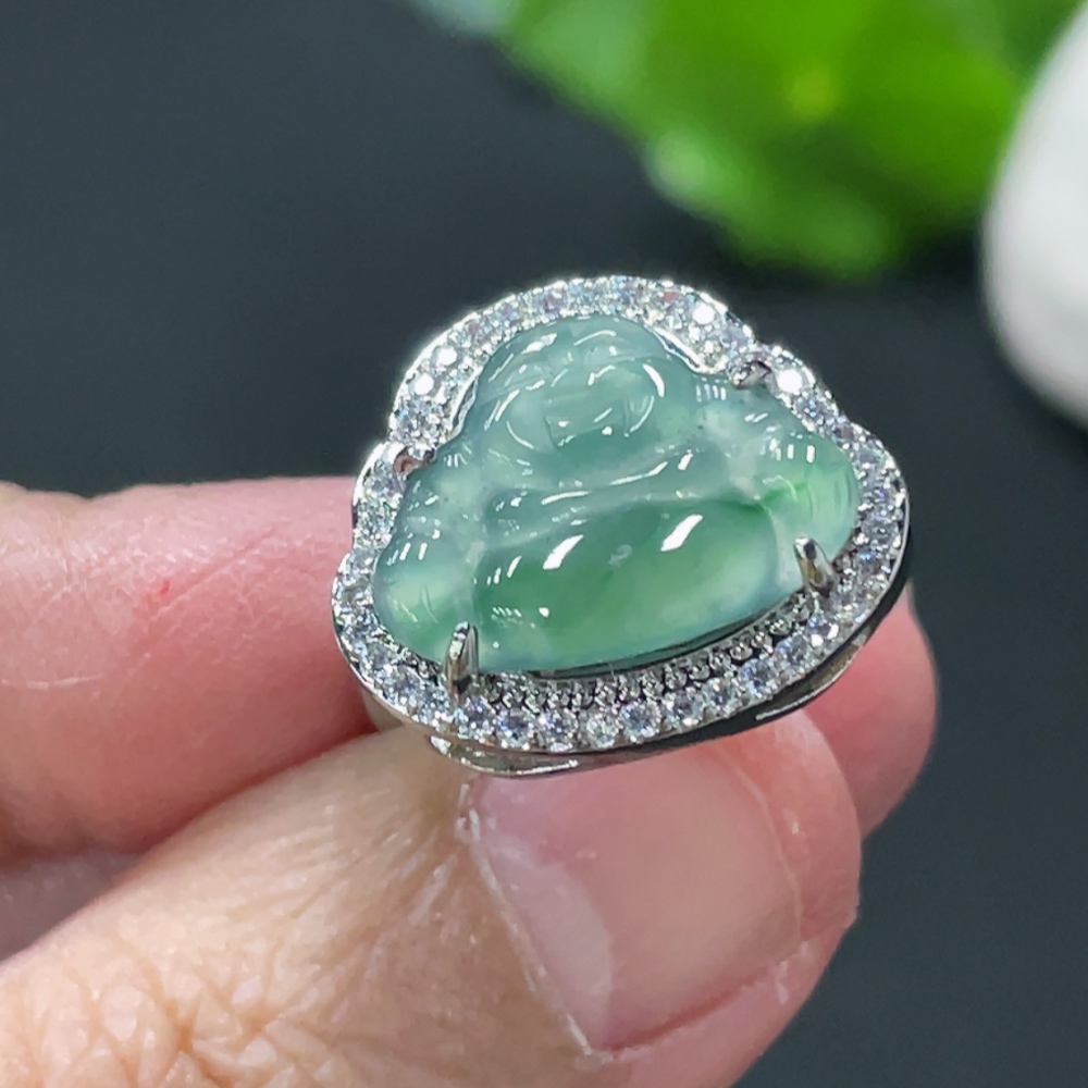 F34977816 Jadeite Buddha Inlaid Ring Non-Gold Inlaid Adjustable Size Total Weight Approx. 3.26g