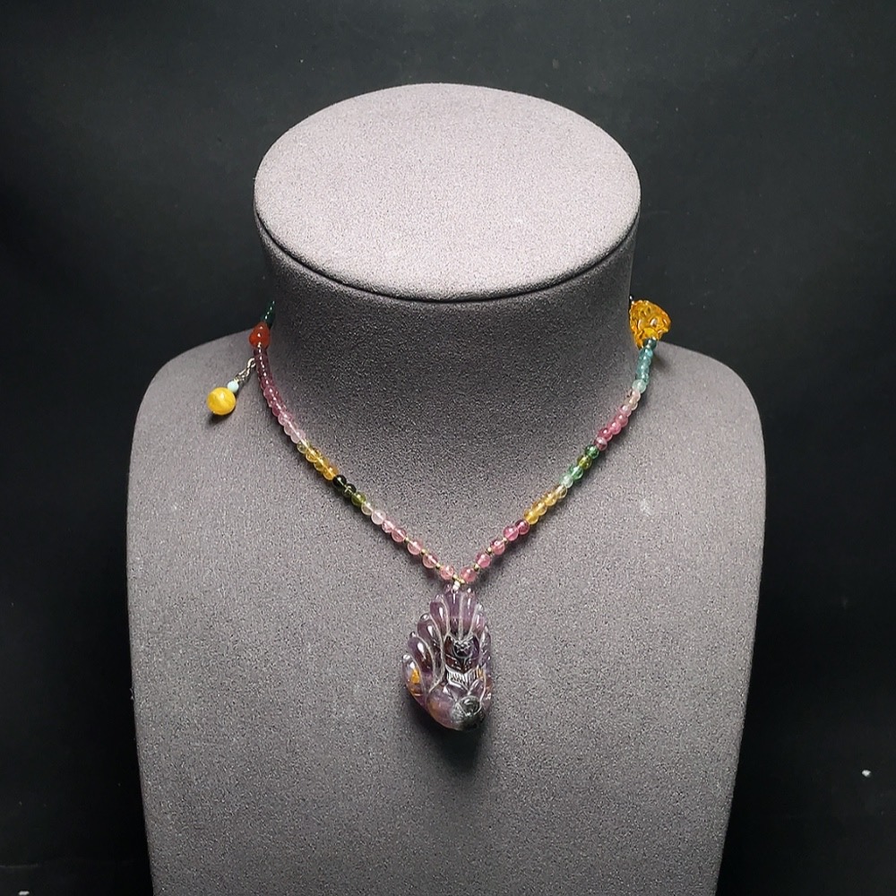 C34049104 Crystal Pendant with Southern Red Agate, Amber, Tourmaline, Visible Organic Matter, Non-Gold, Total Weight Approximately 21.7g