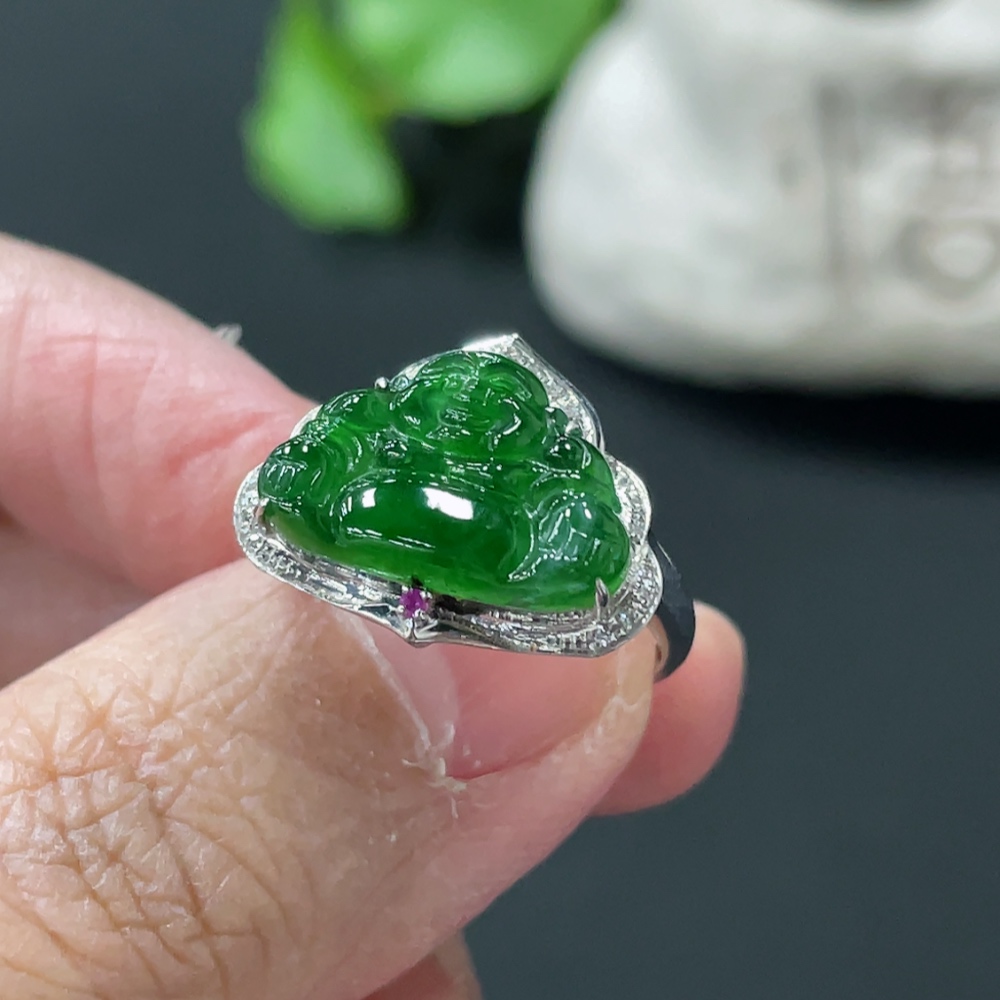 F35145613 Jadeite Buddha Inlaid Ring 18k Gold Setting Size 13 Total Weight Approx. 2.3g With Diamond (Colorless) Inlay