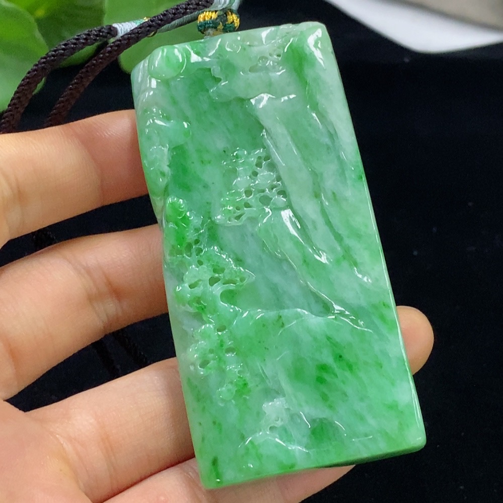 F34948146 Jadeite Landscape Pendant Total Weight Approx. 91g (Including Rope Weight)
