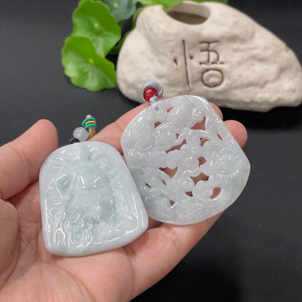 F33836613 Jadeite Pendant Guan Gong Plaque Flourishing Wealth With Non-A Grade Beads