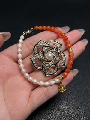 C34067547 Pearl Brooch + Pearl Bracelet with Southern Red Agate, Non-Gold, Total Weight Approx. 14.99g, Sell as a Lot