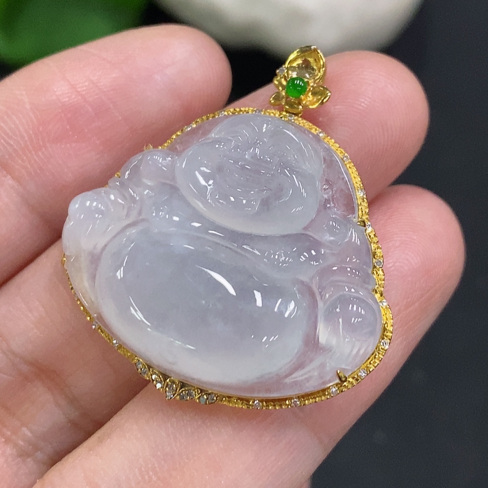 F35107388 Jadeite Buddha Pendant in 18K Gold with Diamond Accents, Total Weight Approx. 6.7g
