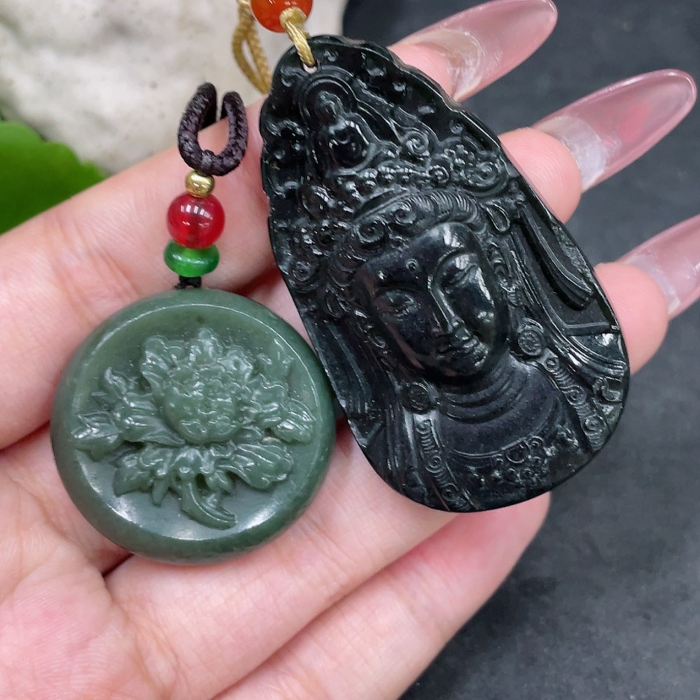 H33945017 Hetian Jade Pendant - Guanyin + Flowering Prosperity
