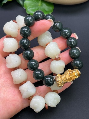 H46529251 和田玉手串 配珠非和田玉 非金 最大卡15.8mm 最小卡12.1mm 总重约127.29g