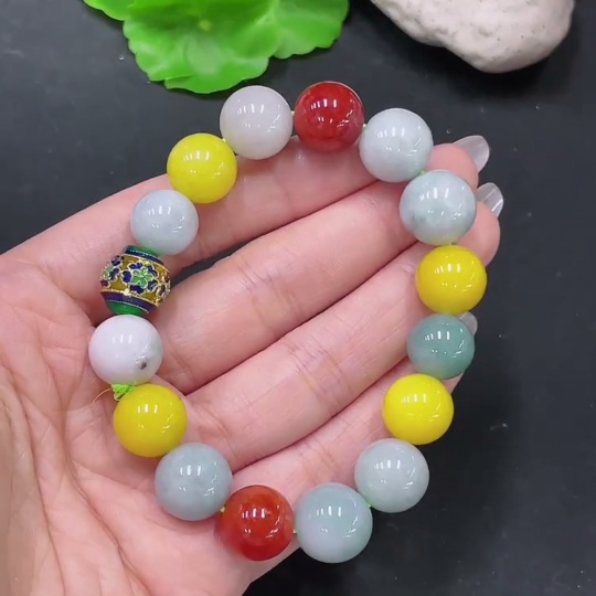 F35137591 Jadeite Bracelet Approx. 13.5mm Red & Yellow Beads Non-Type A Total Weight About 52.63g