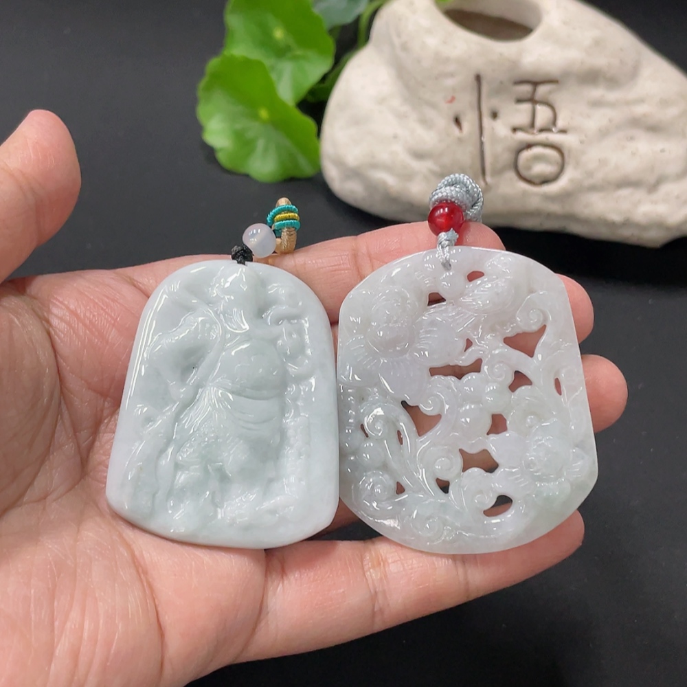 F33836613 Jadeite Pendant Guan Gong Plaque Flourishing Wealth With Non-A Grade Beads