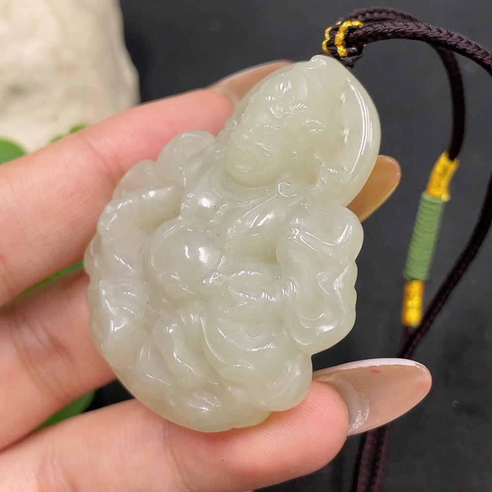 H32706472 Hetian Jade Pendant - Yellow Jambhala (Total Weight Including Rope: 33.3g)