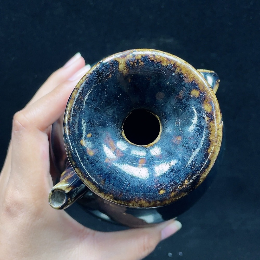 W33855132 Ceramic, intact, small kiln black-glazed handled pouring bottle, size as per actual item