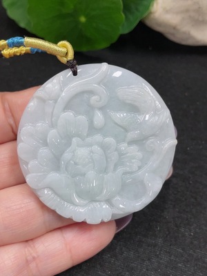 F34966150 Jadeite Flower and Bird Plaque Pendant