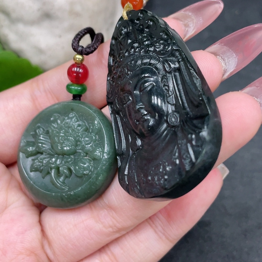 H33945017 Hetian Jade Pendant - Guanyin + Flowering Prosperity