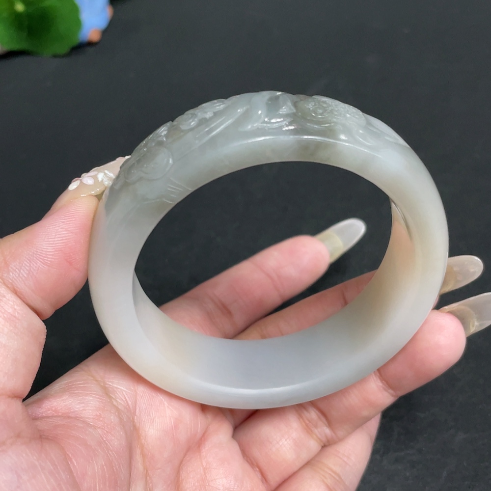 H28244193 Hetian Jade Round Bracelet - Prosperity in Full Bloom - Inner Diameter 59.3 - Total Weight Approx. 91.6g