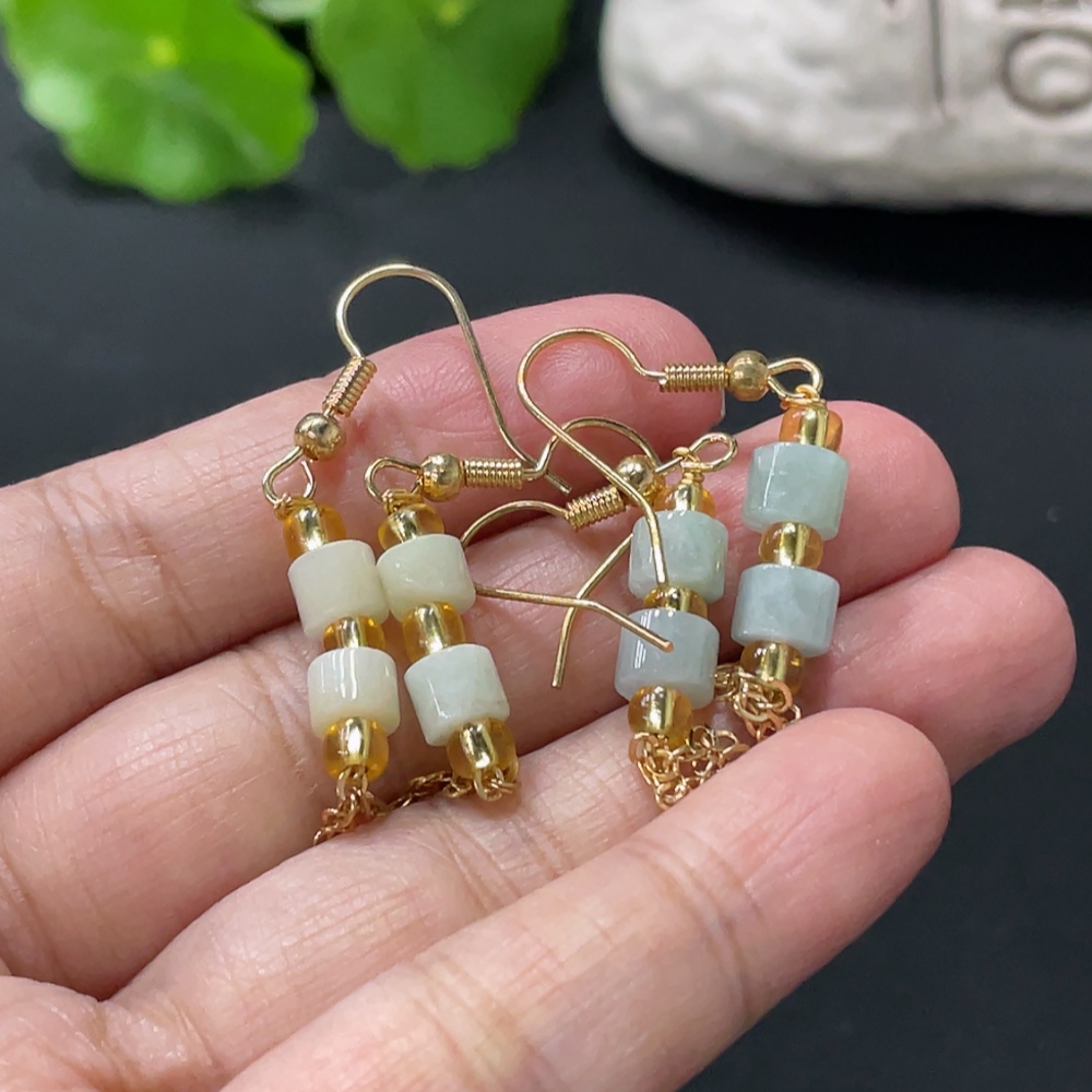 F33837842 Jadeite inlaid ear hooks, non-gold inlaid, with non-A grade beads