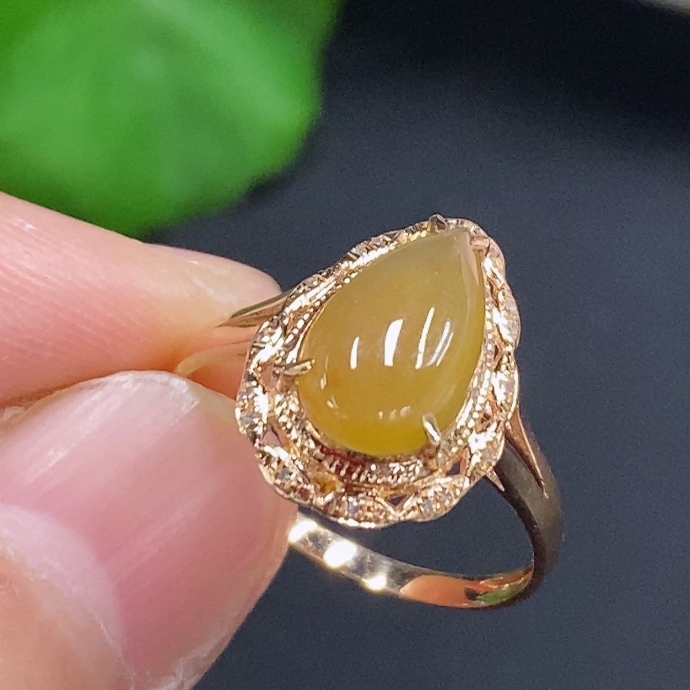 F28192095 Jadeite Water Drop Inlaid Ring 18k Gold Setting Size 14.5 Total Weight Approx. 1.83g Color Origin Undetermined With Diamond Accents